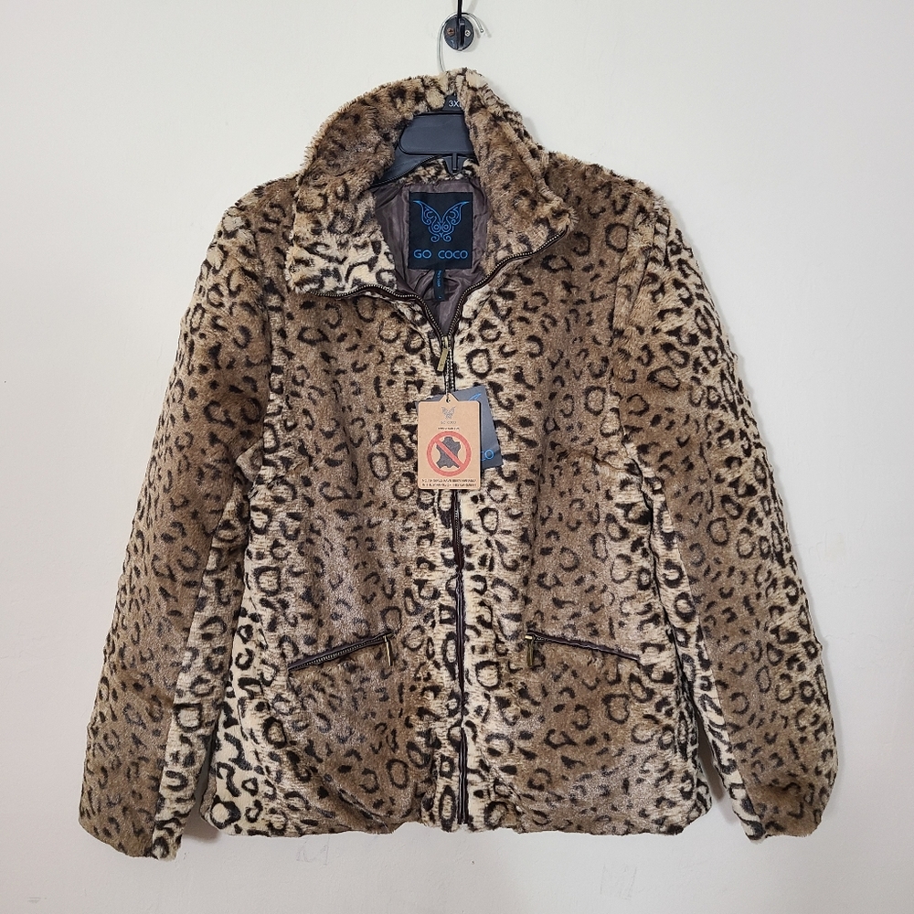 Go Coco Womens L Leopard Animal Print‎ Faux 100% Vegan Fur Jacket Zip Up NWT